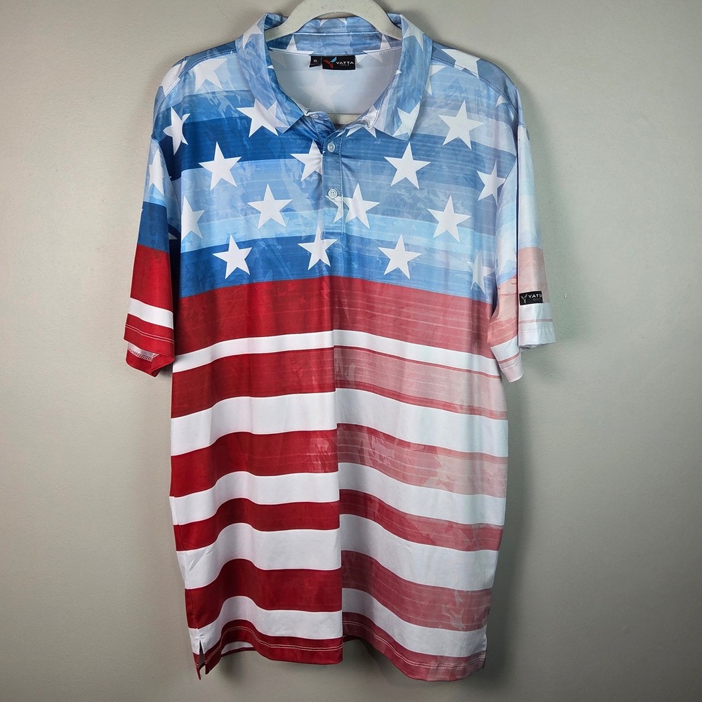 Yatta Golf Polo Men XL Red White Blue Excellent American Flag Stars Stripes USA
